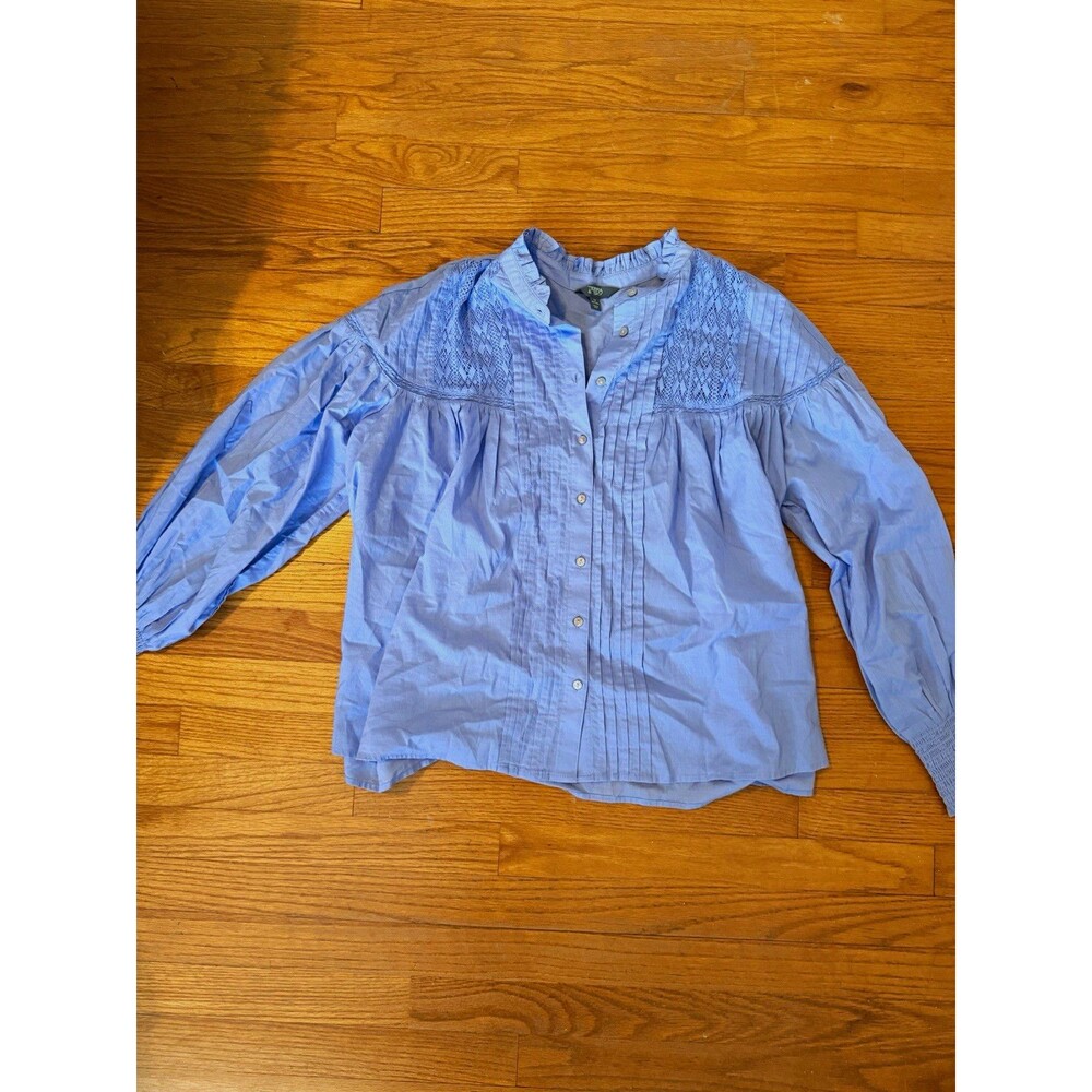 Terra & Sky Blue Solid Collared Pleated Button Front Long Sleeve Blouse 1X